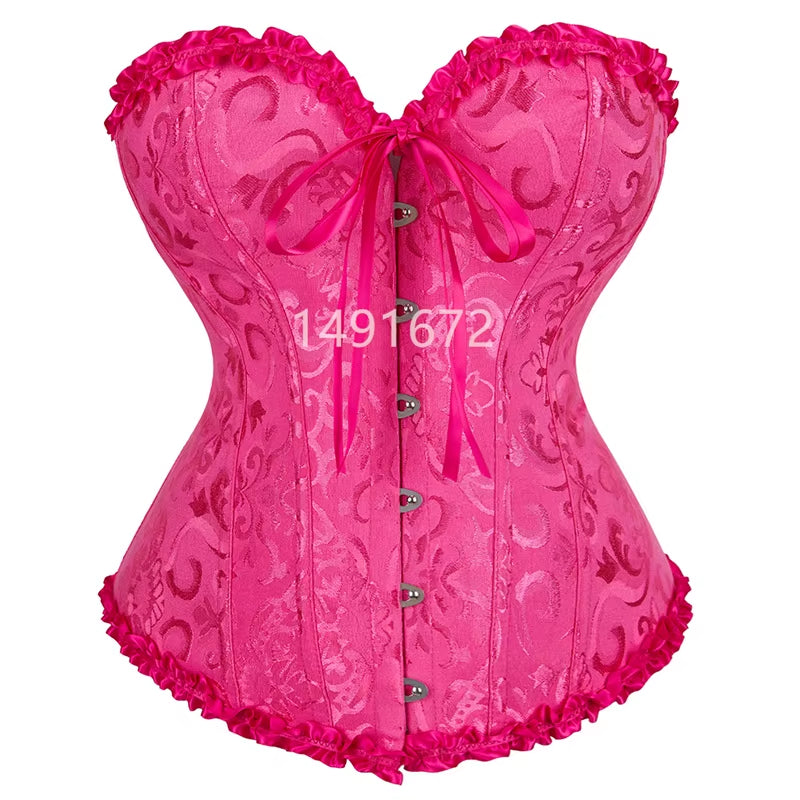 Plus Size Lace Corset Bustier Top for Women - Vintage Medieval-Inspired Lingerie Costume in Red, Black, Green, and Pink