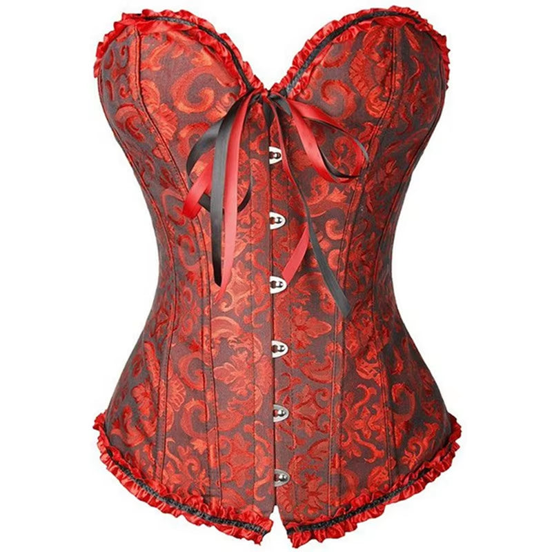 Plus Size Lace Corset Bustier Top for Women - Vintage Medieval-Inspired Lingerie Costume in Red, Black, Green, and Pink