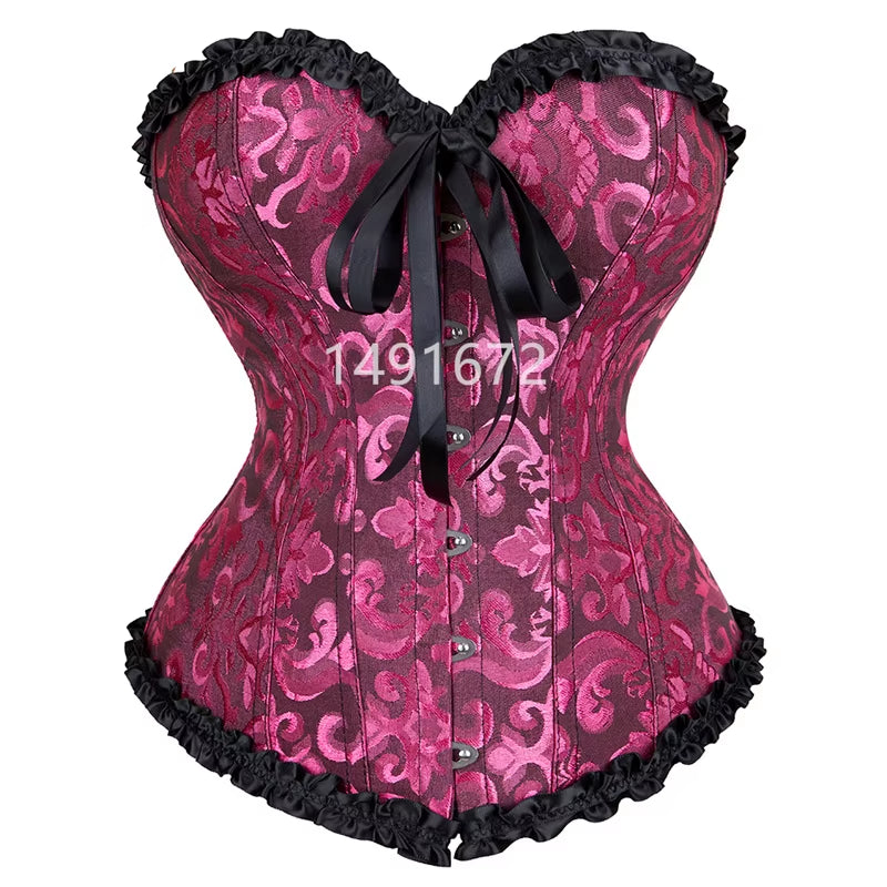 Plus Size Lace Corset Bustier Top for Women - Vintage Medieval-Inspired Lingerie Costume in Red, Black, Green, and Pink