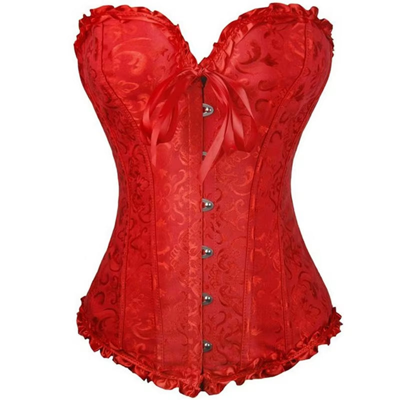 Plus Size Lace Corset Bustier Top for Women - Vintage Medieval-Inspired Lingerie Costume in Red, Black, Green, and Pink